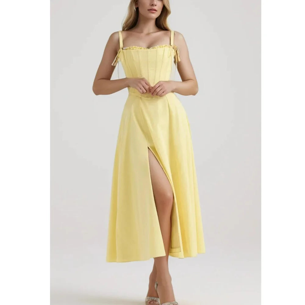 2 Piece Set Dresses- Yellow High Slit Two-Piece Dress - Perfect for Brunch & Vacations- - IndioGear Women Clothing