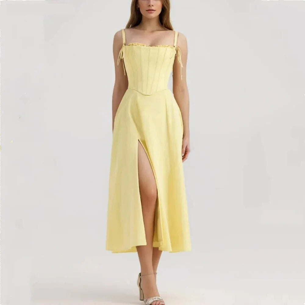 2 Piece Set Dresses- Yellow High Slit Two-Piece Dress - Perfect for Brunch & Vacations- - IndioGear Women Clothing