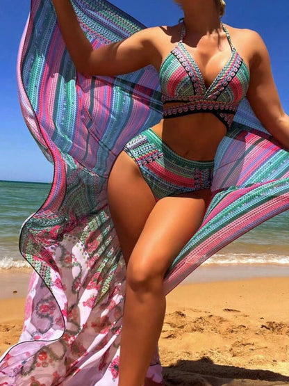 3-Piece Bikini- Geo Print 3 Piece Swimsuit - Criss-Cross Top & High-Waist Bikini & Cover-Up- - IndioGear Fashion and Gear