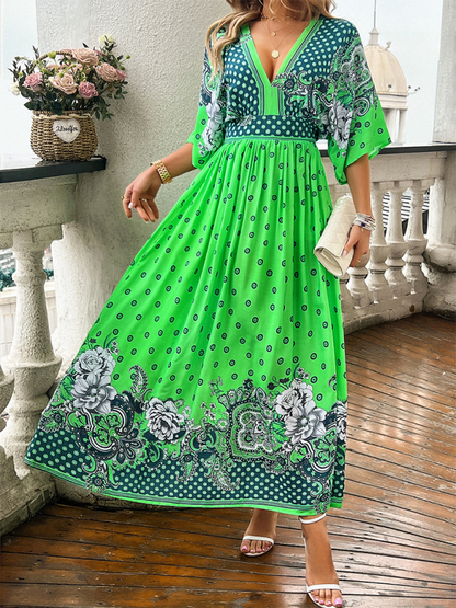 A-Line Dresses- Boho Roses Print A-Line Dress with Flowy Kimono Sleeves & Bowknot Back- Green- IndioGear.com