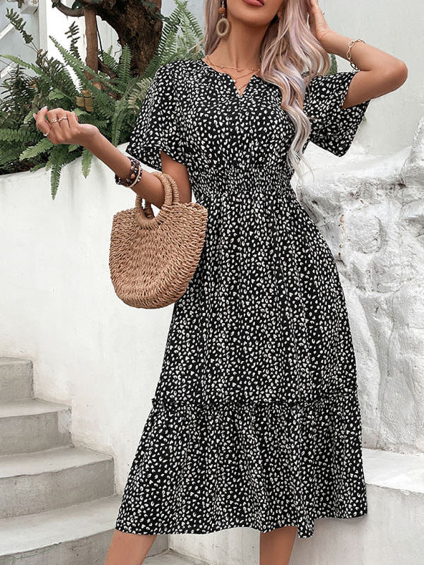 A-Line Dresses- Floral Smocked Waistband A-Line Midi Dress for Women- Black- IndioGear Fashion and Gear