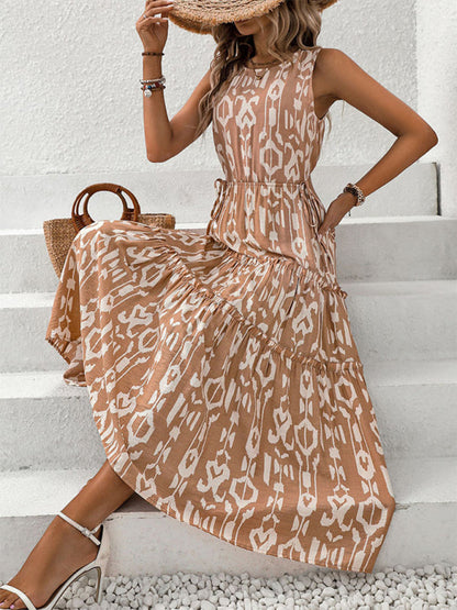 A-Line Dresses- Summer Sleeveless Brown Print Tiered Ruffle A-Line Dress for Women- - IndioGear Fashion and Gear