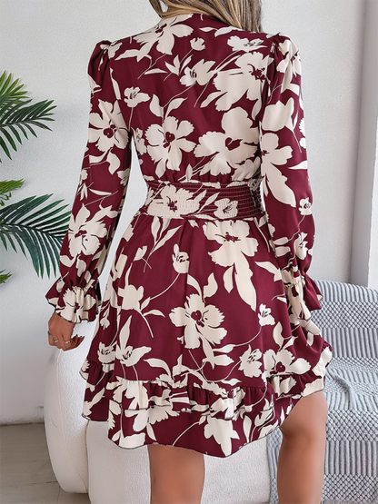 A-line Dress- A-Line Floral Dress with Plunging V-Neck and Long Sleeves- - IndioGear.com