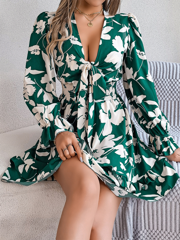 A-line Dress- A-Line Floral Dress with Plunging V-Neck and Long Sleeves- Green- IndioGear.com