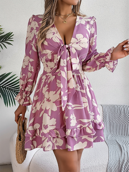 A-line Dress- A-Line Floral Dress with Plunging V-Neck and Long Sleeves- - IndioGear.com