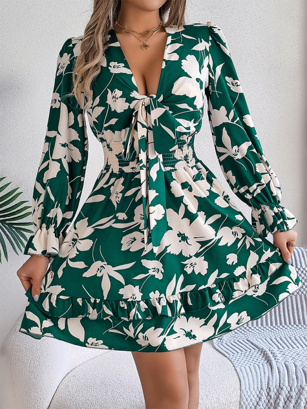 A-line Dress- A-Line Floral Dress with Plunging V-Neck and Long Sleeves- - IndioGear.com