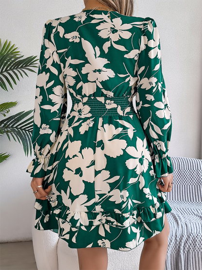 A-line Dress- A-Line Floral Dress with Plunging V-Neck and Long Sleeves- - IndioGear.com