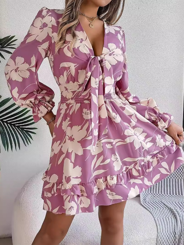 A-line Dress- A-Line Floral Dress with Plunging V-Neck and Long Sleeves- - IndioGear.com