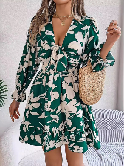 A-line Dress- A-Line Floral Dress with Plunging V-Neck and Long Sleeves- - IndioGear.com