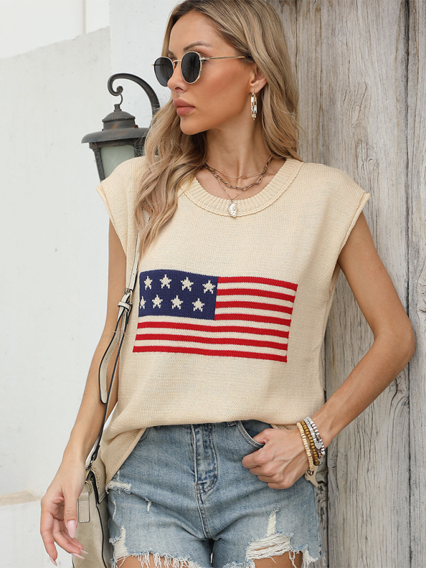 American Sweaters- Women's Patriotic Sleeveless Knit Sweater- Cracker khaki- Chuzko Women Clothing