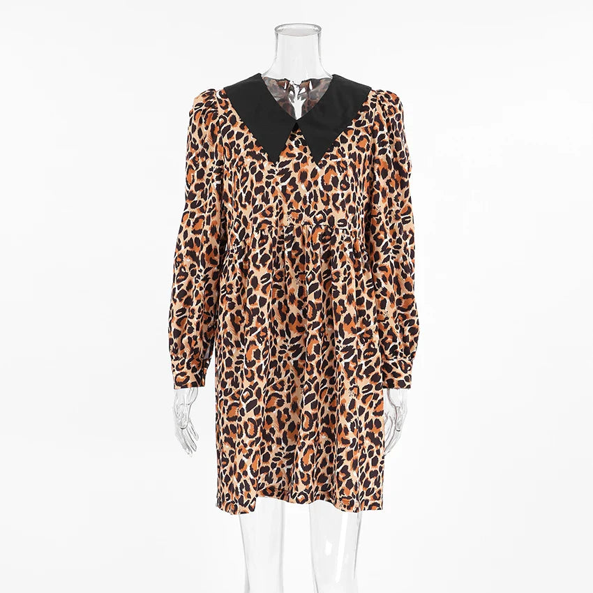 Animal Print Dresses- Leopard Print Peter Pan Dress- - IndioGear Women Clothing