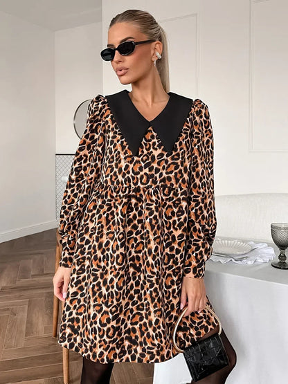 Animal Print Dresses- Leopard Print Peter Pan Dress- - IndioGear Women Clothing