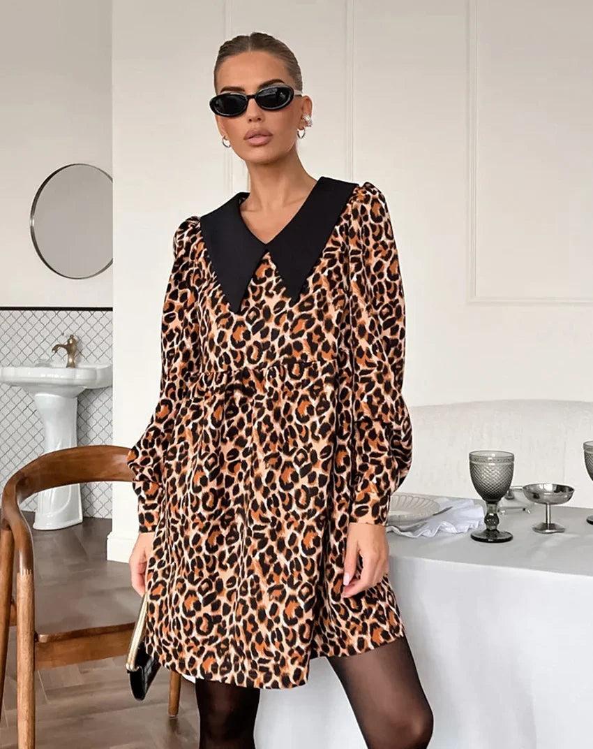 Animal Print Dresses- Leopard Print Peter Pan Dress- Leopard print- IndioGear Women Clothing