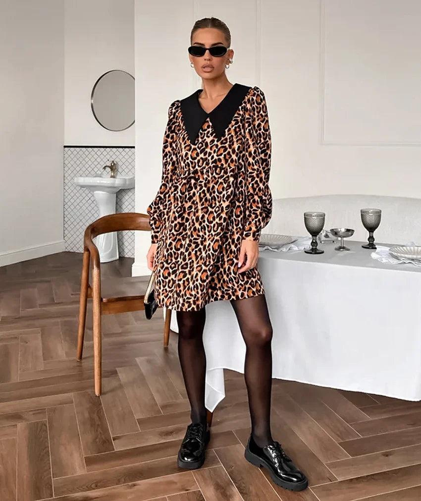 Animal Print Dresses- Leopard Print Peter Pan Dress- - IndioGear Women Clothing