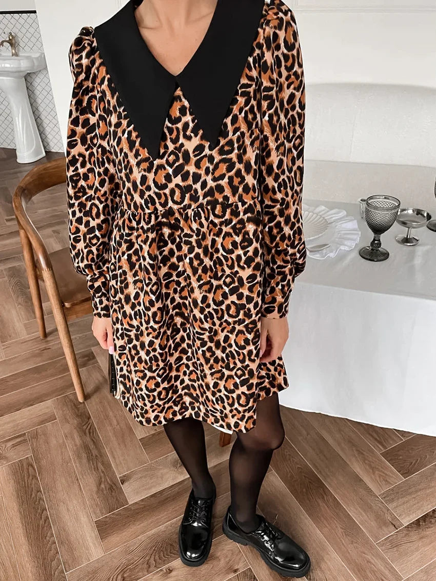 Animal Print Dresses- Leopard Print Peter Pan Dress- - IndioGear Women Clothing