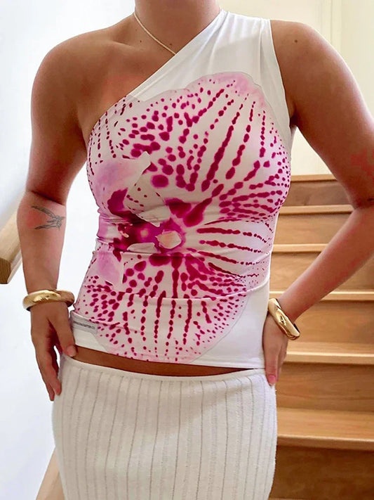 Asymmetric Tops- Women Orchid Bloom Print Asymmetric Top- White- IndioGear.com