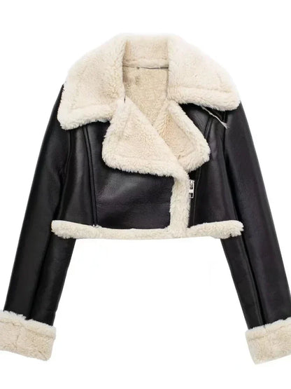 Aviator Jackets- Modern Cropped Leather Jacket with Cozy Faux Fur Lining- Black- IndioGear.com