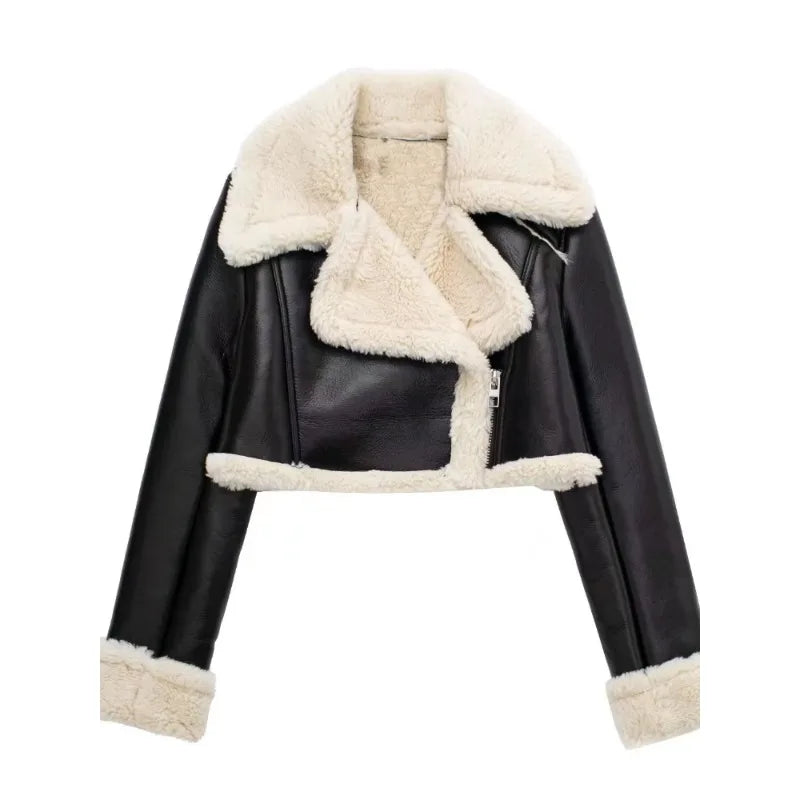 Aviator Jackets- Modern Cropped Leather Jacket with Cozy Faux Fur Lining- - IndioGear.com