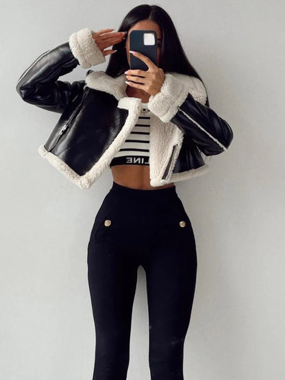 Aviator Jackets- Modern Cropped Leather Jacket with Cozy Faux Fur Lining- - IndioGear.com