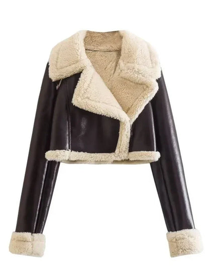 Aviator Jackets- Modern Cropped Leather Jacket with Cozy Faux Fur Lining- Coffee- IndioGear.com