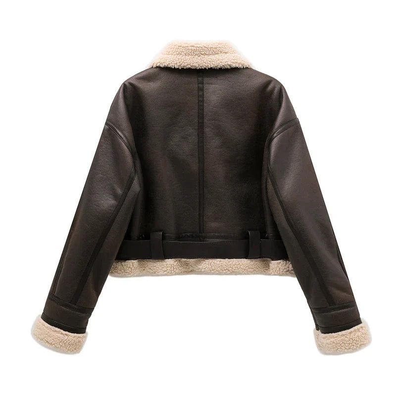 Aviator Jackets- Women Faux Leather Aviator Jacket with Sherpa Lining- - IndioGear.com