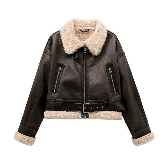 Aviator Jackets- Women Faux Leather Aviator Jacket with Sherpa Lining- Brown- IndioGear.com