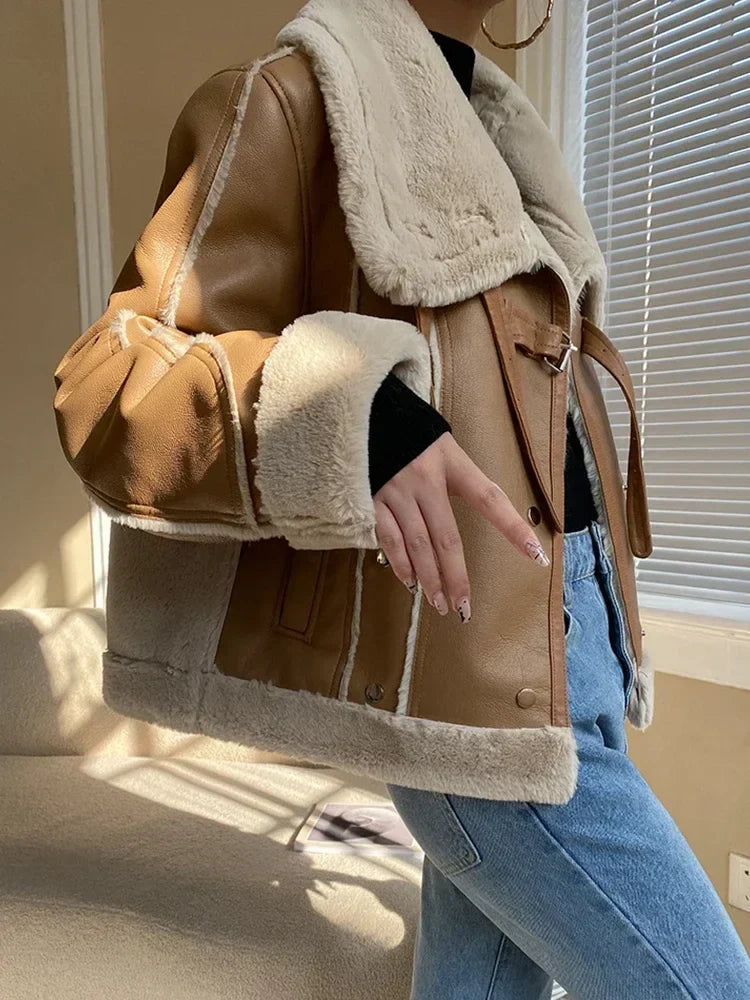 Aviator Jackets- Women Faux Leather Shearling-Lined Aviator Jacket for Winter Layering- - IndioGear.com