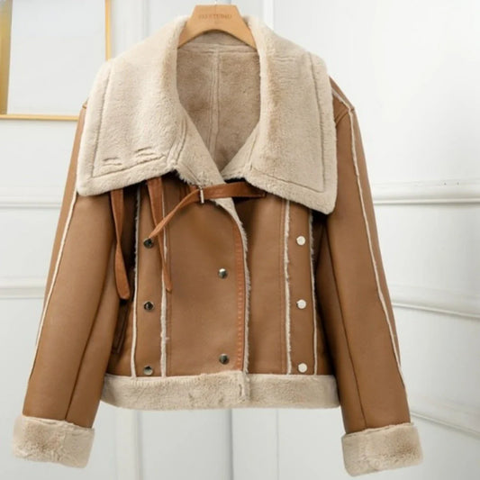 Aviator Jackets- Women Faux Leather Shearling-Lined Aviator Jacket for Winter Layering- Camel- IndioGear.com