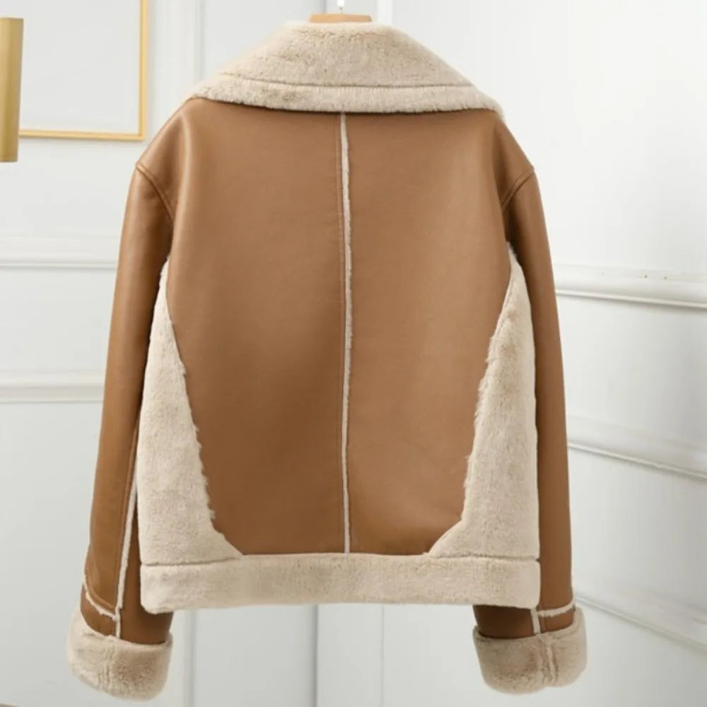 Aviator Jackets- Women Faux Leather Shearling-Lined Aviator Jacket for Winter Layering- - IndioGear.com