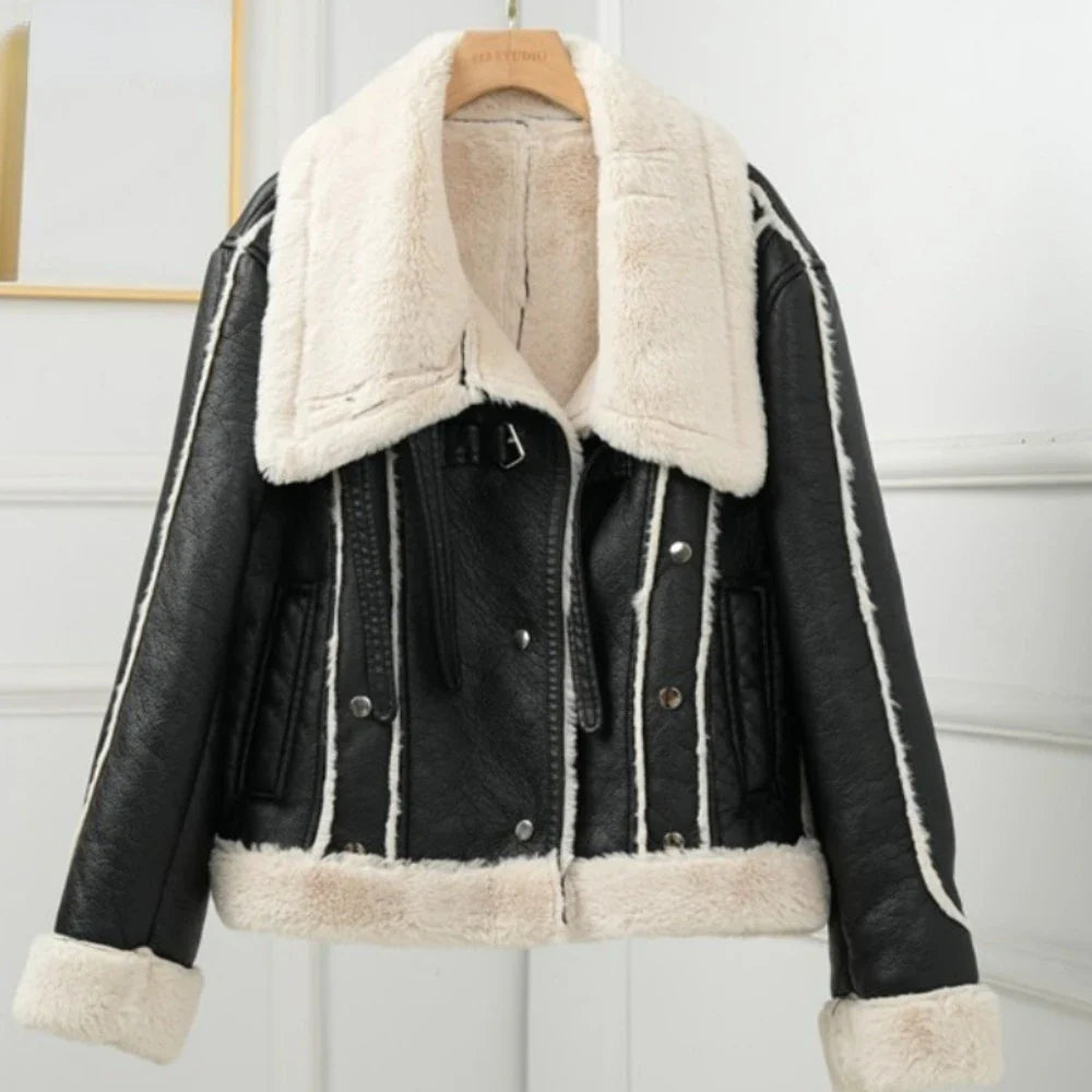 Aviator Jackets- Women Faux Leather Shearling-Lined Aviator Jacket for Winter Layering- - IndioGear.com