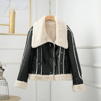 Aviator Jackets- Women Faux Leather Shearling-Lined Aviator Jacket for Winter Layering- Black- IndioGear.com