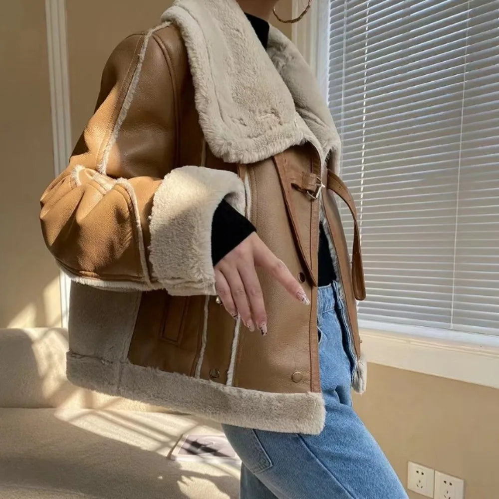 Aviator Jackets- Women Faux Leather Shearling-Lined Aviator Jacket for Winter Layering- - IndioGear.com