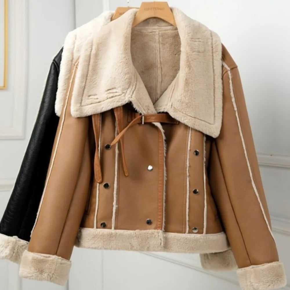 Aviator Jackets- Women Faux Leather Shearling-Lined Aviator Jacket for Winter Layering- - IndioGear.com