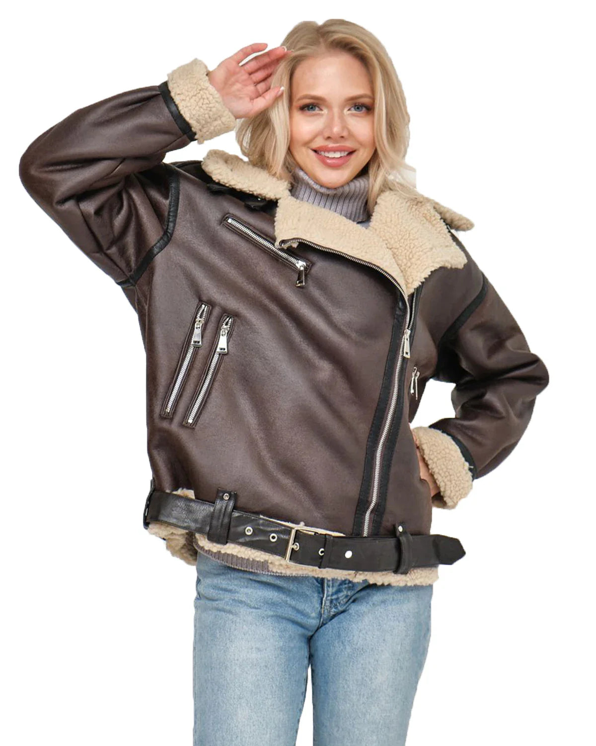 Aviator Jackets- Women Oversized Faux Leather Aviator Jacket with Sherpa Lining- - IndioGear.com