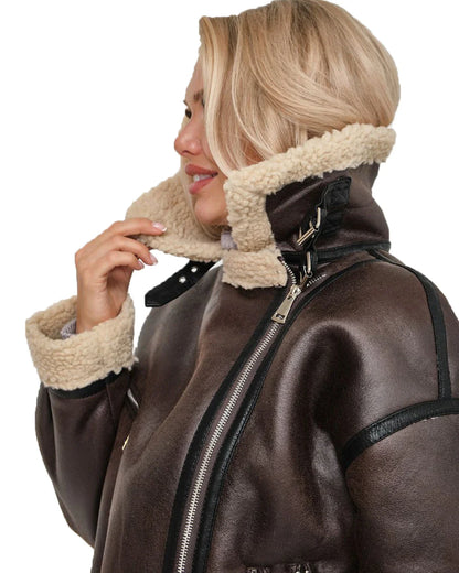 Aviator Jackets- Women Oversized Faux Leather Aviator Jacket with Sherpa Lining- - IndioGear.com