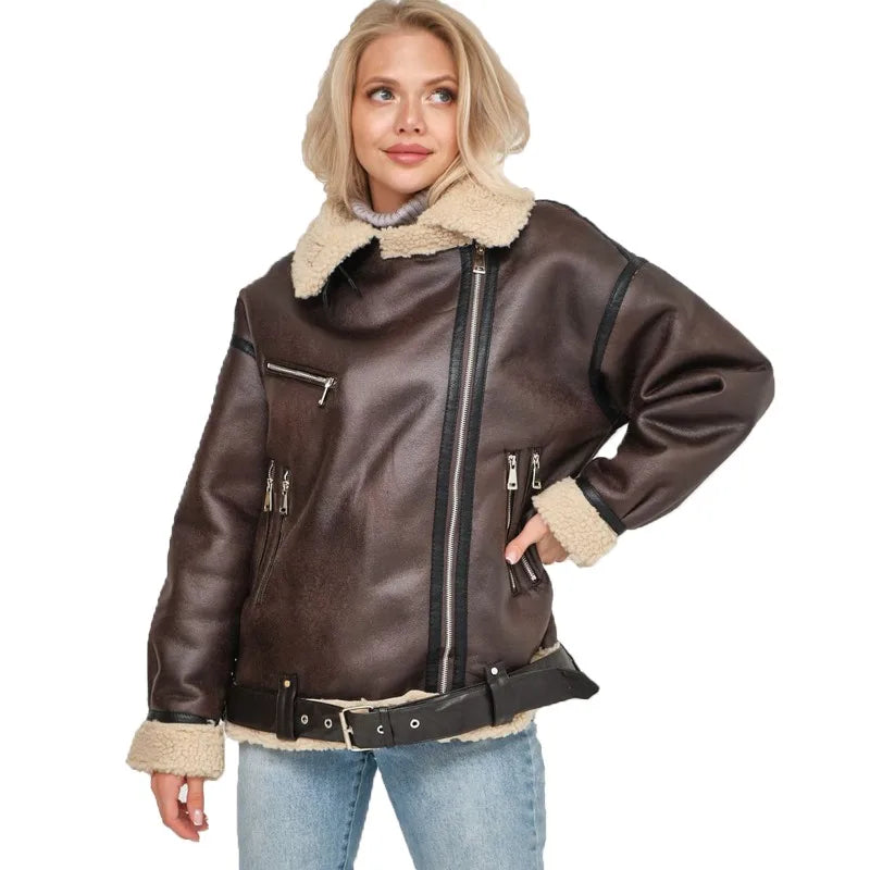 Aviator Jackets- Women Oversized Faux Leather Aviator Jacket with Sherpa Lining- Brown- IndioGear.com