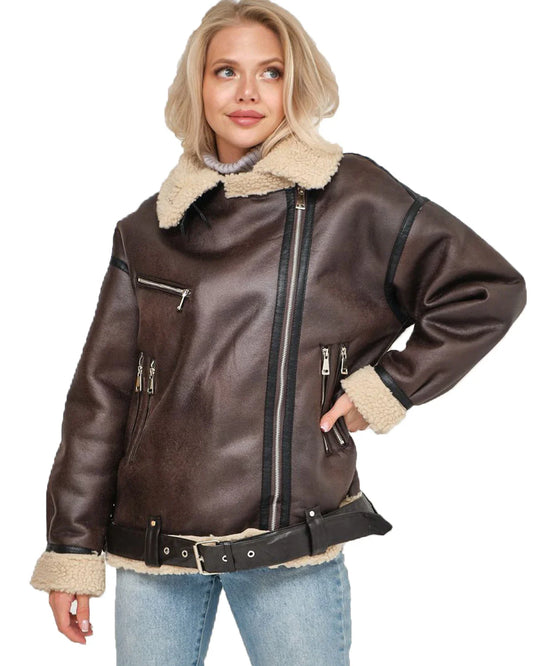 Aviator Jackets- Women Oversized Faux Leather Aviator Jacket with Sherpa Lining- - IndioGear.com