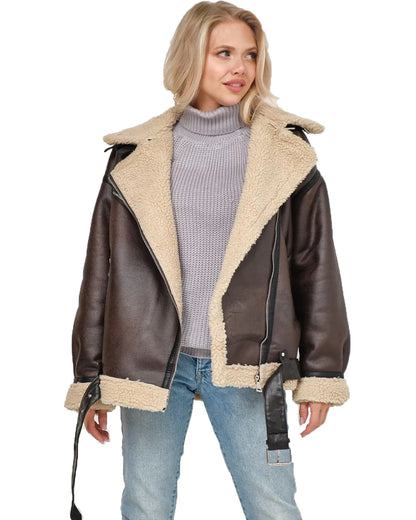 Aviator Jackets- Women Oversized Faux Leather Aviator Jacket with Sherpa Lining- - IndioGear.com