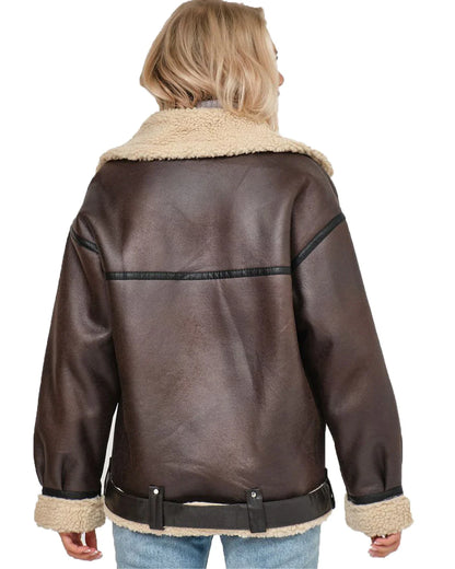 Aviator Jackets- Women Oversized Faux Leather Aviator Jacket with Sherpa Lining- - IndioGear.com