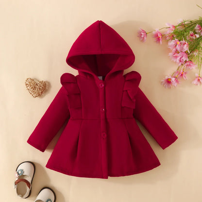 Baby Coats- Hooded Ruffle Coat Baby Girl’s Fleece Outerwear- Red- IndioGear Women Clothing