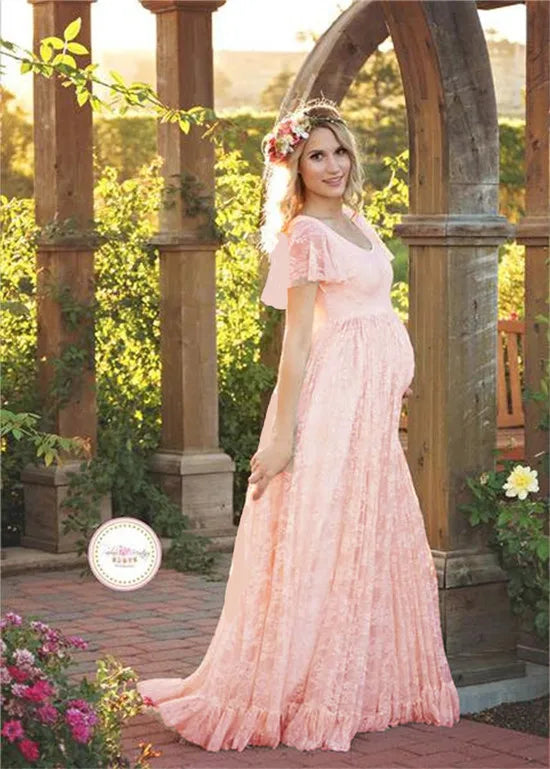 Baby Shower Dreeses- Maternity Lace Dresses for Pregnant Photo Shooting- Pink- IndioGear.com