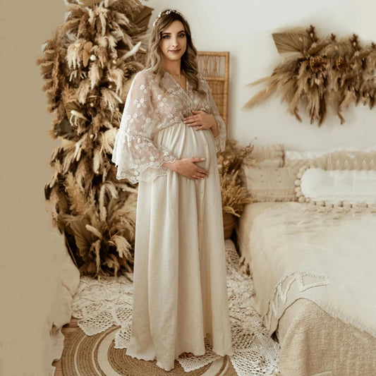 Baby Shower Dresses- Eternal Charm Boho Maternity Dress- Beige- IndioGear Women Clothing