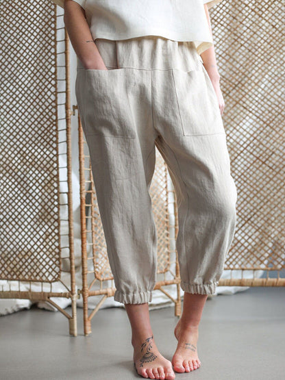 Baggy Pants- Relaxed Women's Linen Tapered Pants with Baggy Fit- Khaki- IndioGear Fashion and Gear