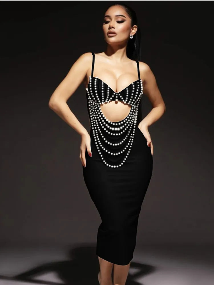 Bandage Dresses- Pearl-Embellished Dress for Exclusive Events- Black- IndioGear.com