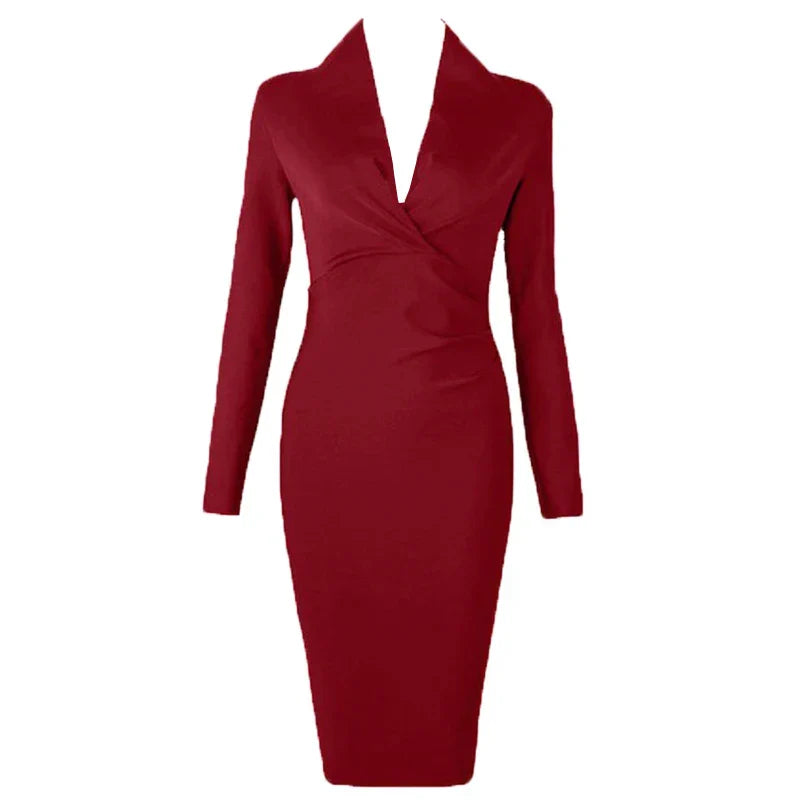 Bandage Midi Dresses- Plunging Neck Bandage Midi Dress for Night Out – Trendy Fit- Claret- IndioGear Women Clothing