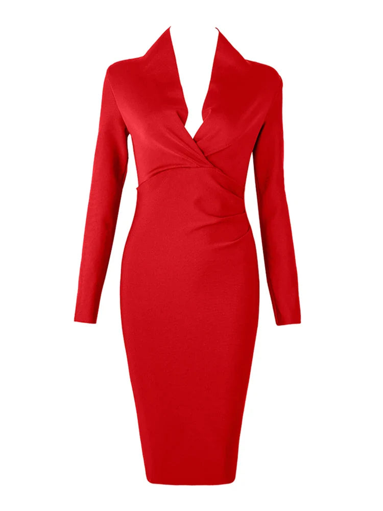 Bandage Midi Dresses- Plunging Neck Bandage Midi Dress for Night Out – Trendy Fit- Red- IndioGear Women Clothing