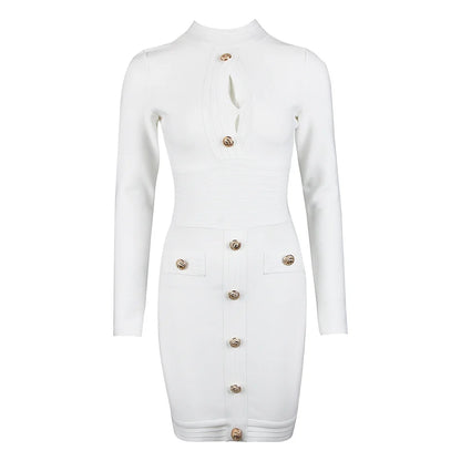 Bandage Mini Dresses- Bandage Mini Dress Long Sleeve Button Applique Celebrity Inspired- White- IndioGear Women Clothing