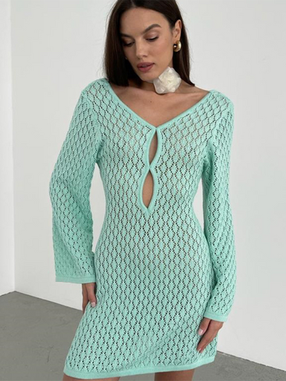 Beach Dresses- Beach Cover-Up Women's Open Knit Bell Sleeves Dress- Mint Green- IndioGear.com