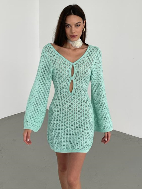 Beach Dresses- Beach Cover-Up Women's Open Knit Bell Sleeves Dress- - IndioGear.com