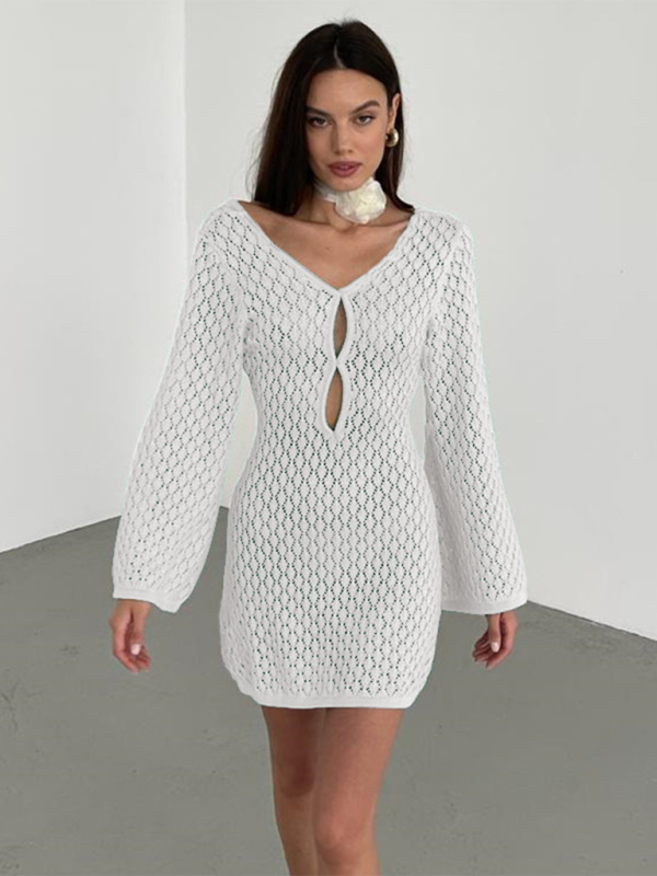 Beach Dresses- Beach Cover-Up Women's Open Knit Bell Sleeves Dress- White- IndioGear.com